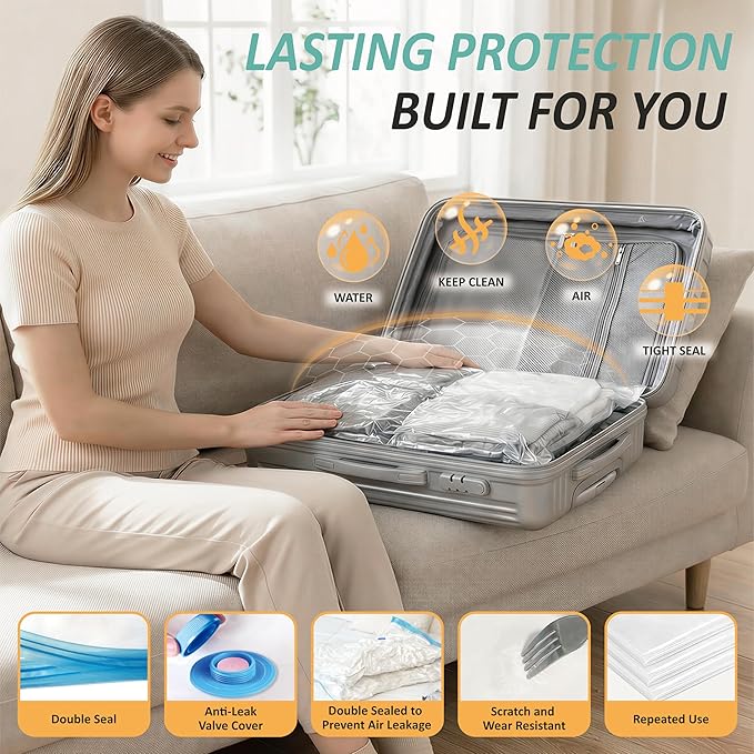 Cozy Essential Travel Vacuum Storage Bags with Rechargeable Cordless USB Pump, Space Saver Bags for Luggage, Suitcase, Carry-On, for Clothes, Blankets, Bedding & Seasonal Storage,8 Combo