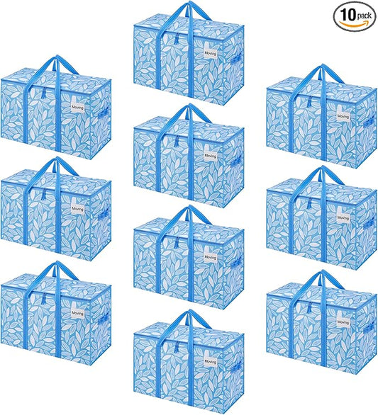 VENO 10 Pack Heavy Duty Moving Bags, Extra Large Storage Bags with Reinforced Handles & Strong Zippers, Foldable & Reusable Moving Box Alternative for Clothes & Dorm Storage