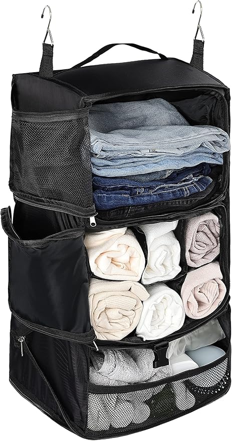 ELEZAY Hanging Packing Cubes Portable Closet 3-Shelf Travel Collapsible Compression Garment Organizer for Carry-on Luggage Suitcase Space Saver Bag X-Large_No Side Pockets, Black