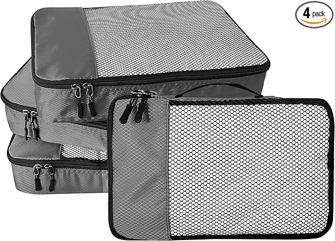 WTREE 4-Piece Packing Cubes Travel Accessories Set for Suitcases - Luggage Organizer Bags with Double Zipper - Mesh Top - Large - Dark Grey