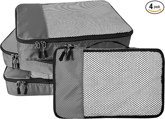WTREE 4-Piece Packing Cubes Travel Accessories Set for Suitcases - Luggage Organizer Bags with Double Zipper - Mesh Top - Large - Dark Grey