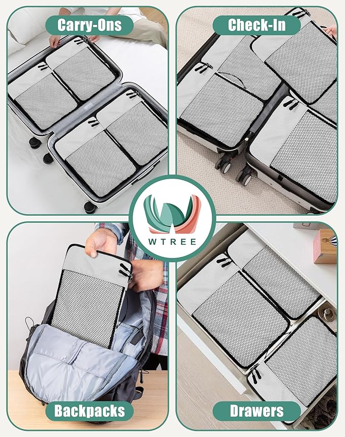 WTREE 4-Piece Packing Cubes Travel Accessories Set for Suitcases - Luggage Organizer Bags with Double Zipper - Mesh Top - Small - Beige