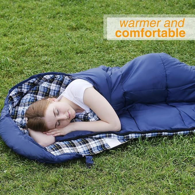REDCAMP Flannel Sleeping Bag for Adults, Comfortable Cotton Envelope Sleeping Bags for Camping, Backpacking, Hiking, with Detachable Hood&Compression Sack, Blue/Red/Grey/Black