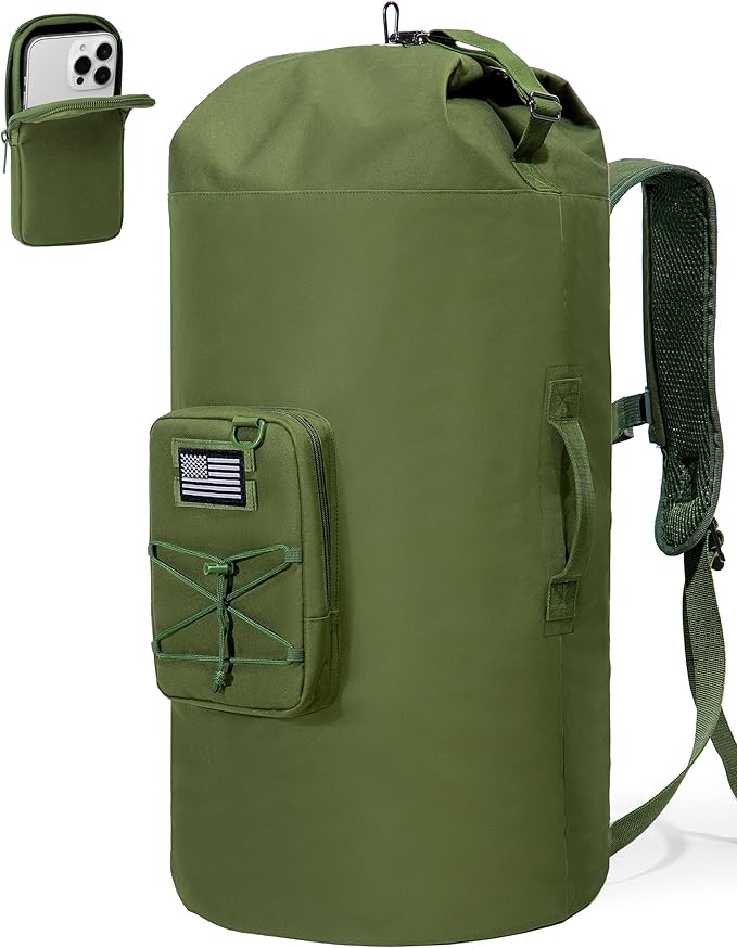 PGmoon Military Duffle Bag,110L Extra Large Army Backpack Heavy Duty Sea Bag with Removable Pocket for Camp, Outdoor or Laundry Bag (Patent Design)