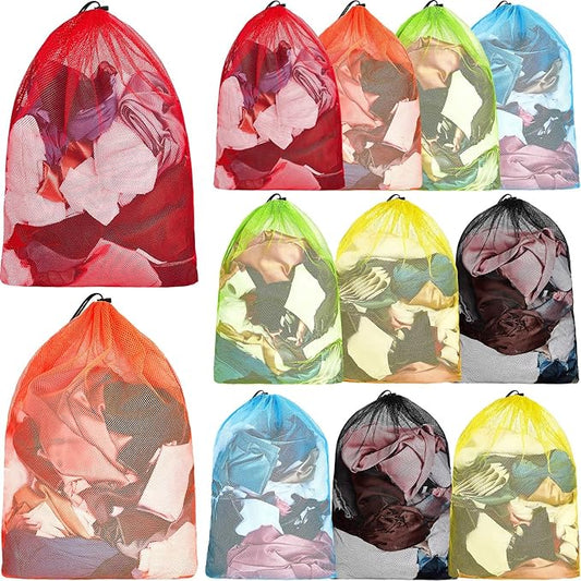 Berlune 12 Pcs 32 x 24 in Large Laundry Bag Colorful Extra Large Mesh Laundry Bag Bulk with Drawstring Heavy Duty Mesh Machine Washable Drawstring Pouch for Clothing Classification Dorms, Laundromats