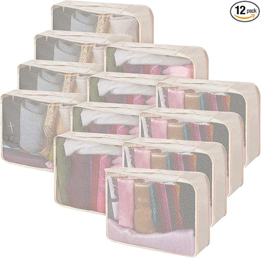 Silkfly 12 Pcs Packing Cubes for Suitcase Travel Luggage Bags Bulk Mesh Organizer Set for Hiking Camping Backpacking Clothes Accessories (Khaki)