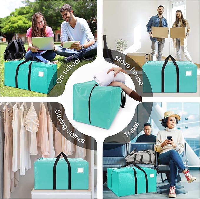 VELVETSURE 6 Pack Heavy Duty Large Moving Bags W/Backpack Straps - Strong Handles & Zippers, Storage Totes For Space Saving, Fold Flat, Alternative to Moving Box and Storage Bin, Aquamarine
