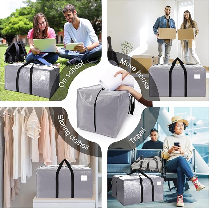 VELVETSURE 12 Pack Heavy Duty Extra Large Moving Bags W/Backpack Straps - Strong Handles & Zippers, Storage Totes For Space Saving, Fold Flat, Alternative to Moving Box and Storage Bin, Silver