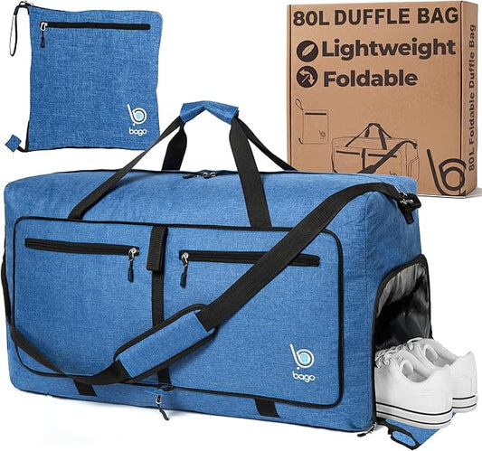 Bago Large Duffle Bag for Travel Women & Men. Durable Lightweight Foldable Travel Duffel Bags For Traveling Women. 80L Duffle Bags For Overnight Bag With Shoe Compartment Collapsible Weekender duffel