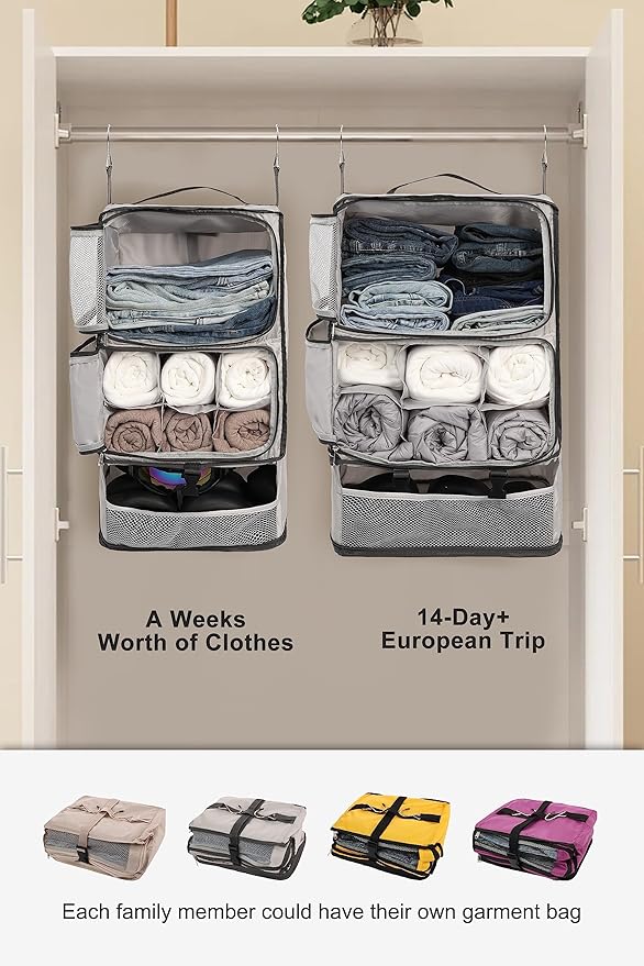 ELEZAY Hanging Packing Cubes Portable Closet 3-Shelf Travel Collapsible Compression Garment Organizer for Carry-on Luggage Suitcase Space Saver Bag XX-Large_No Side Pockets, Lightgrey