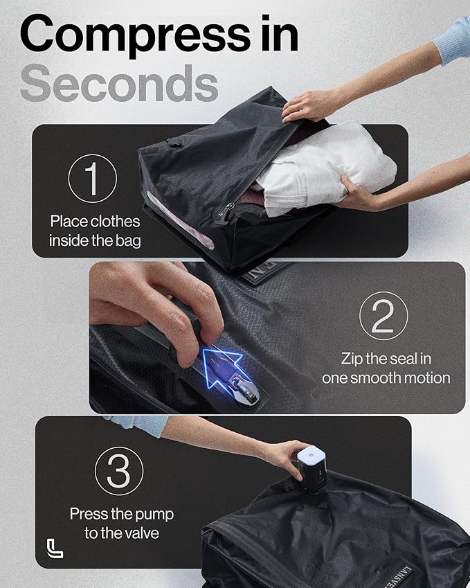 Cordless travel vacuum bag set - Reusable Nylon Compression Bags + Rechargeable Pump - Save 60% Space - travel pack vacuum kit - vacuum travel bags with pump - for Carry-On & Suitcase