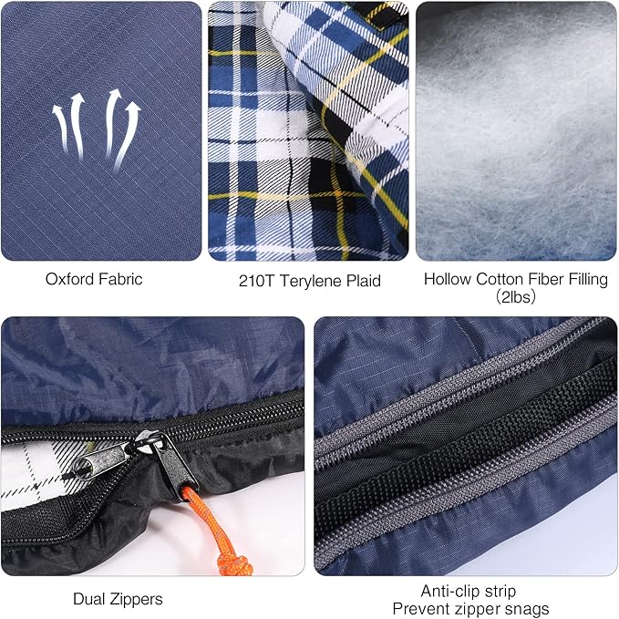 REDCAMP Flannel Sleeping Bag for Adults, Comfortable Cotton Envelope Sleeping Bags for Camping, Backpacking, Hiking, with Detachable Hood&Compression Sack, Blue/Red/Grey/Black