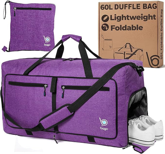 Bago Medium Duffle Bag for Travel Women & Men. Durable Lightweight Foldable Travel Duffel Bags For Traveling Women. 60L Duffle Bags For Overnight Bag With Shoe Compartment Collapsible Weekender duffel