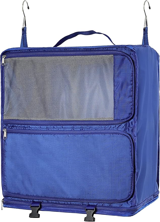 ELEZAY Hanging Packing Cubes Portable Closet 3-Shelf Travel Collapsible Compression Garment Organizer for Carry-on Luggage Suitcase Space Saver Bag X-Large_12*10 * 24 in, Blue