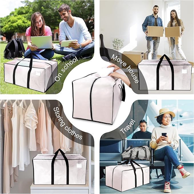 VELVETSURE 6 Pack Heavy Duty Large Moving Bags W/Backpack Straps - Strong Handles & Zippers, Storage Totes For Space Saving, Fold Flat, Alternative to Moving Box and Storage Bin, Semi-Transparent