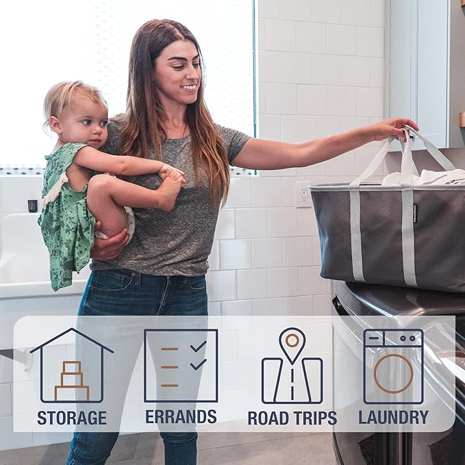 CleverMade Collapsible Laundry Tote 2-Pack (50L) – Foldable Carry-All Storage Bin for Laundry, Car Trunk, RV, Dorm & Home Organization - Denim