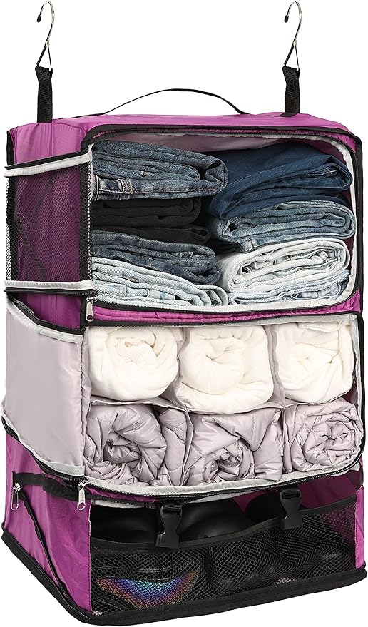 ELEZAY Hanging Packing Cubes Portable Closet 3-Shelf Travel Collapsible Compression Garment Organizer for Carry-on Luggage Suitcase Space Saver Bag XX-Large_No Side Pockets, Purple