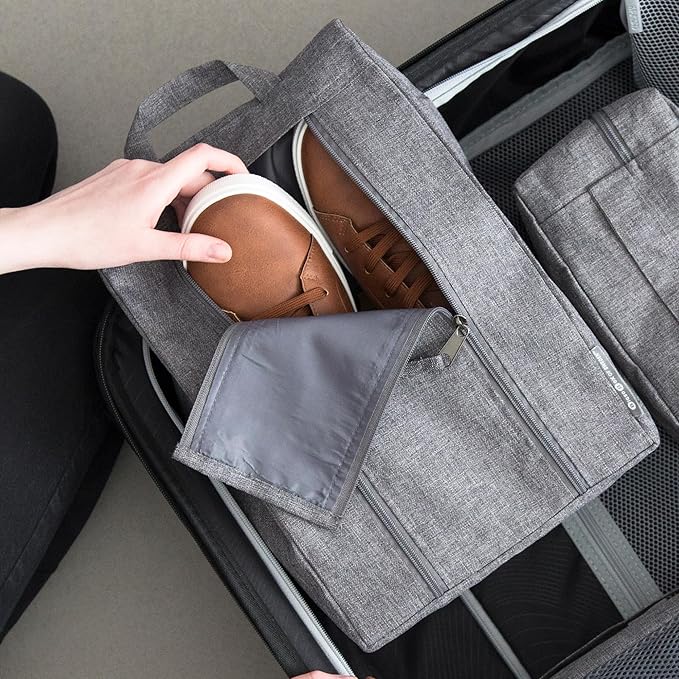 Bigso Travel Shoe Bag - Durable and Soft Polyester Organizational Shoe Bags for Travel Luggage - Double Zippers and Strong Handle - 9.4in x 5.9in x 13.8in - Gray