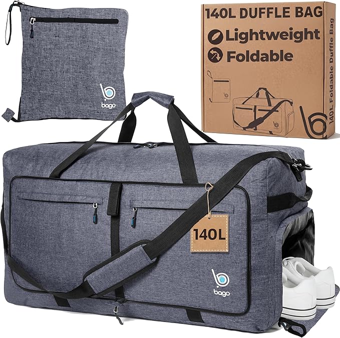 Bago Extra Large Duffle Bag for Travel Women & Men. Durable, Lightweight, Foldable Travel Duffel Bags For Traveling Women. 140L Duffle Bags Use As a Weekender Bag with Shoe Compartment, Checked Duffel