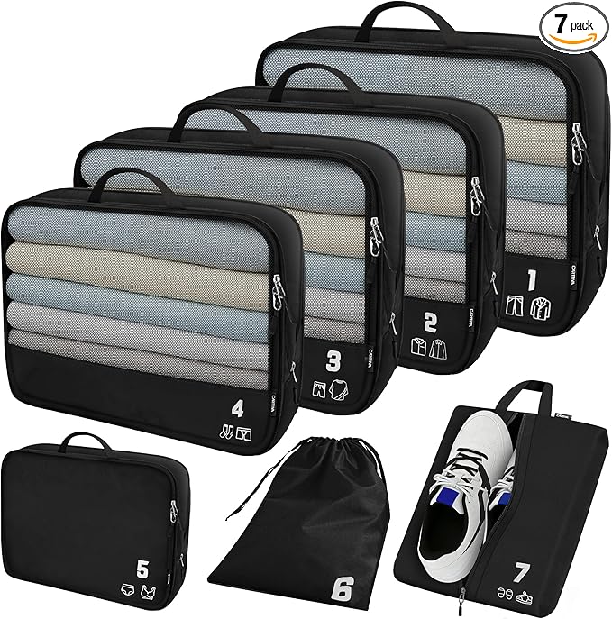 7 Set Compression Packing Cubes for Travel, Luggage Organizer Bags for Suitcases with Mesh Panels, Shoe Bag & Toiletry Bag for Carry On, Vacation & Cruise Essentials (Black)