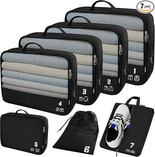 7 Set Compression Packing Cubes for Travel, Luggage Organizer Bags for Suitcases with Mesh Panels, Shoe Bag & Toiletry Bag for Carry On, Vacation & Cruise Essentials (Black)