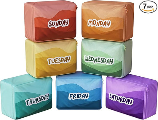 Packing Cubes for Kids & Baby Days of the Week 7 Set Daily Outfit Suitcase Organizers for Boys and Girls Summer Camp, Cruise, and Family Vacation (Large)