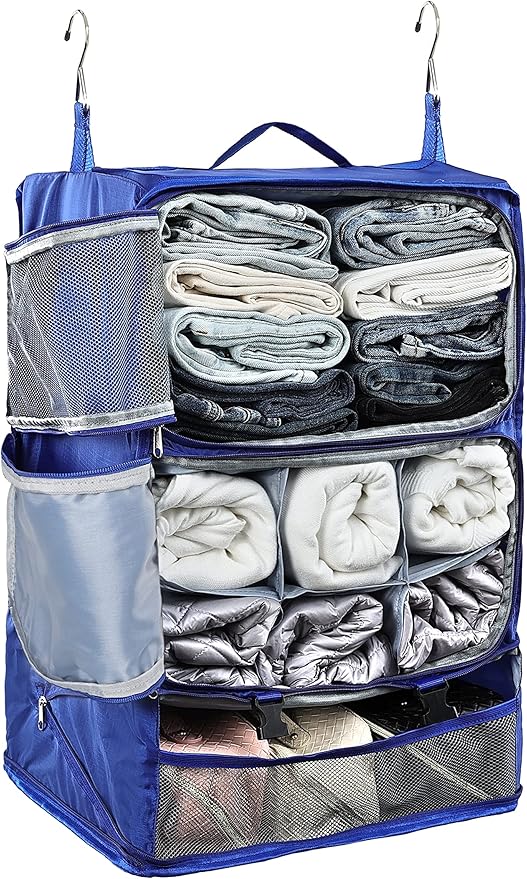 ELEZAY Hanging Packing Cubes Portable Closet 3-Shelf Travel Collapsible Compression Garment Organizer for Carry-on Luggage Suitcase Space Saver Bag XX-Large_16*12 * 24 in, Blue