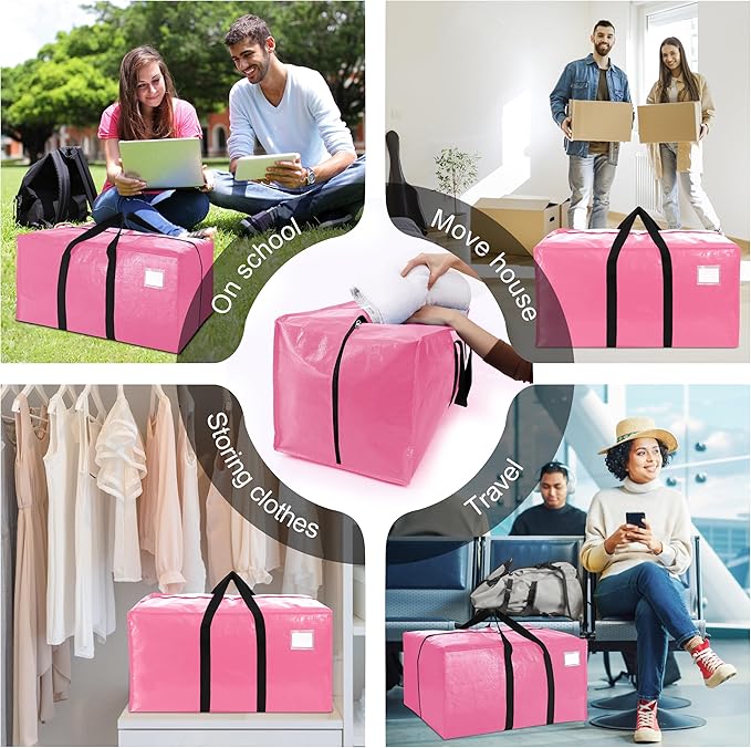 VELVETSURE 6 Pack Heavy Duty Large Moving Bags W/Backpack Straps - Strong Handles & Zippers, Storage Totes For Space Saving, Fold Flat, Alternative to Moving Box and Storage Bin, Pink