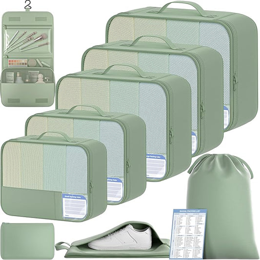 BAGAIL 9 Set Packing Cubes with Packing List Luggage Packing Organizers for Travel Accessories (Matcha Green)