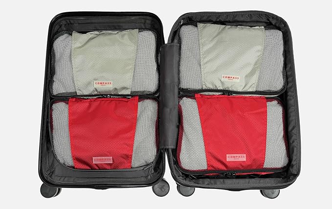 Medium Packing Cubes for Travel - 4 Piece Luggage Organizer Cubes for Carry On Luggage Backpack and Carry On Suitcase with Unique Number and Color Coded System - Dual Zippers, Top Handle, Red and Grey