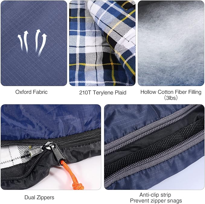 REDCAMP Flannel Sleeping Bag for Adults, Comfortable Cotton Envelope Sleeping Bags for Camping, Backpacking, Hiking, with Detachable Hood&Compression Sack, Blue/Red/Grey/Black