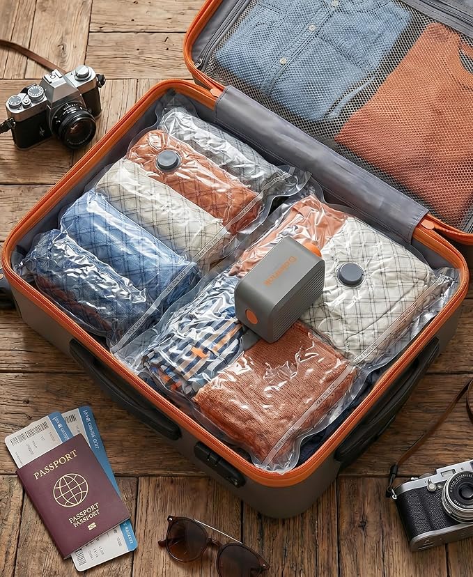 12pcs Vacuum Seal Bags for Clothing Travel, Cordless Pump, Carry-on Size Compression Packing Bags, 4000Pa Suction & 2000mAh Battery, Vacuum Storage Bags for Clothes, Luggage, Suitcase, Space Saver