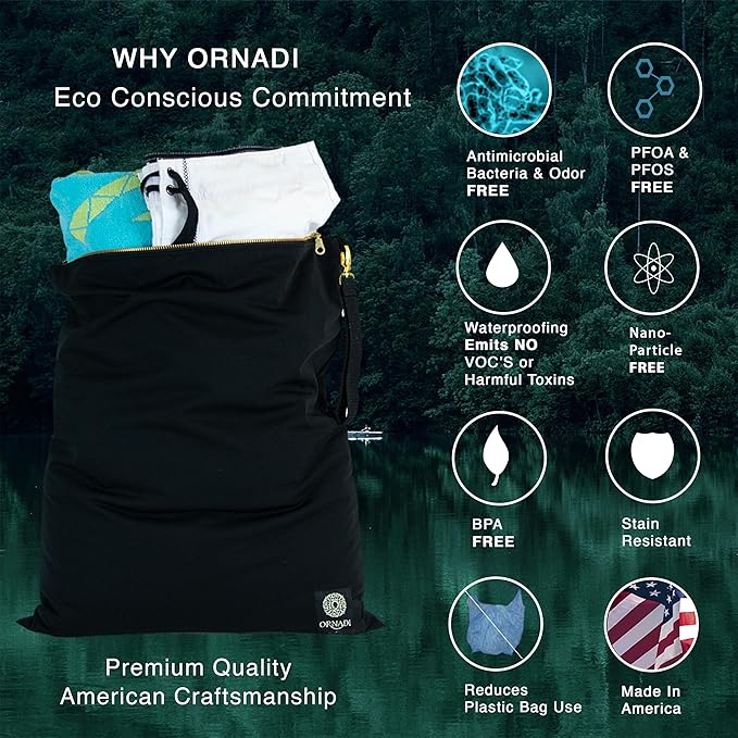 Ornadi X Large Waterproof Antimicrobial Travel Wet Dry Laundry Bag Inhibits Bacteria & Odor from Swimsuits & Towels, Sweaty Gym Shoes, Dirty Clothes Protects Luggage Made in USA 17 x 23.5”