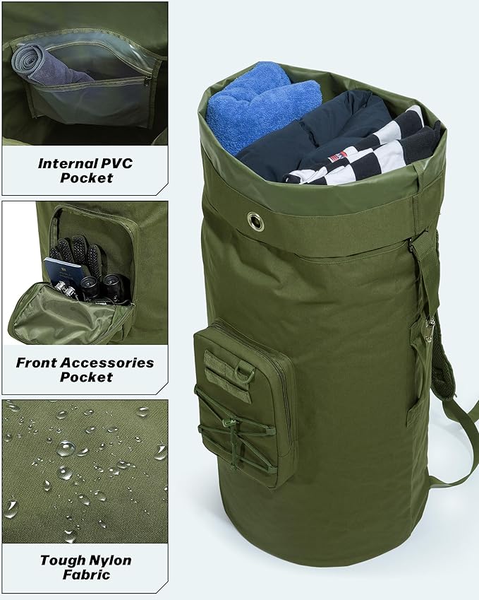 PGmoon Military Duffle Bag,110L Extra Large Army Backpack Heavy Duty Sea Bag with Removable Pocket for Camp, Outdoor or Laundry Bag (Patent Design)