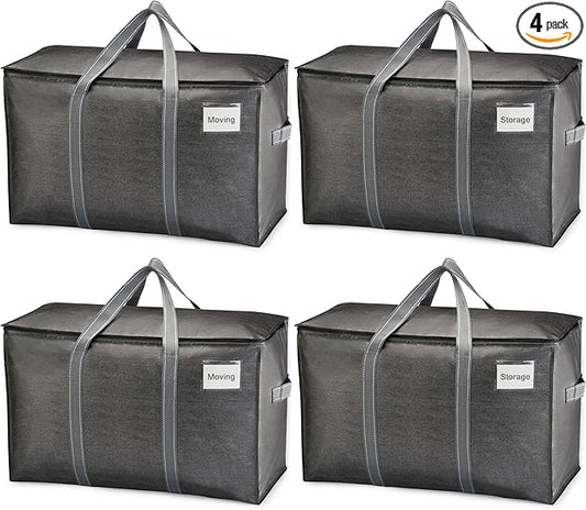VENO 4 Pack Heavy Duty Moving Bags, Extra Large Storage Bags with Reinforced Handles & Strong Zippers, Foldable & Reusable Moving Box Alternative for Clothes & Dorm Storage