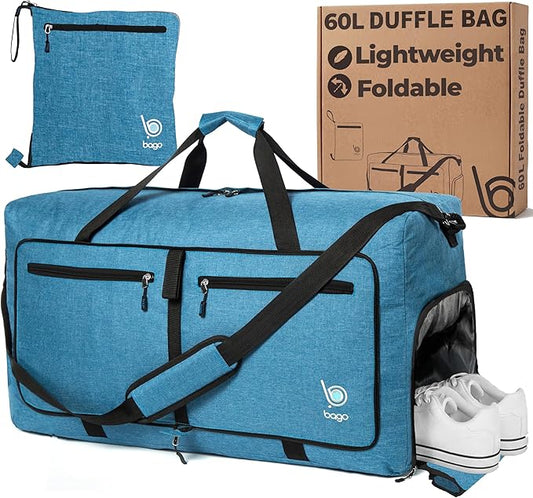 Bago Medium Duffle Bag for Travel Women & Men. Durable Lightweight Foldable Travel Duffel Bags For Traveling Women. 60L Duffle Bags For Overnight Bag With Shoe Compartment Collapsible Weekender duffel