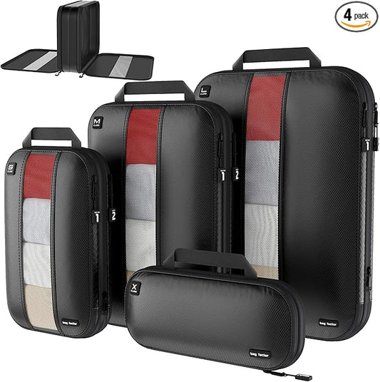 Premium Ultralight Compression Packing Cubes for Travel - Bag Factor Luggage Organizer Set (Double Sided Clean Dirty - Black - 4 Set)
