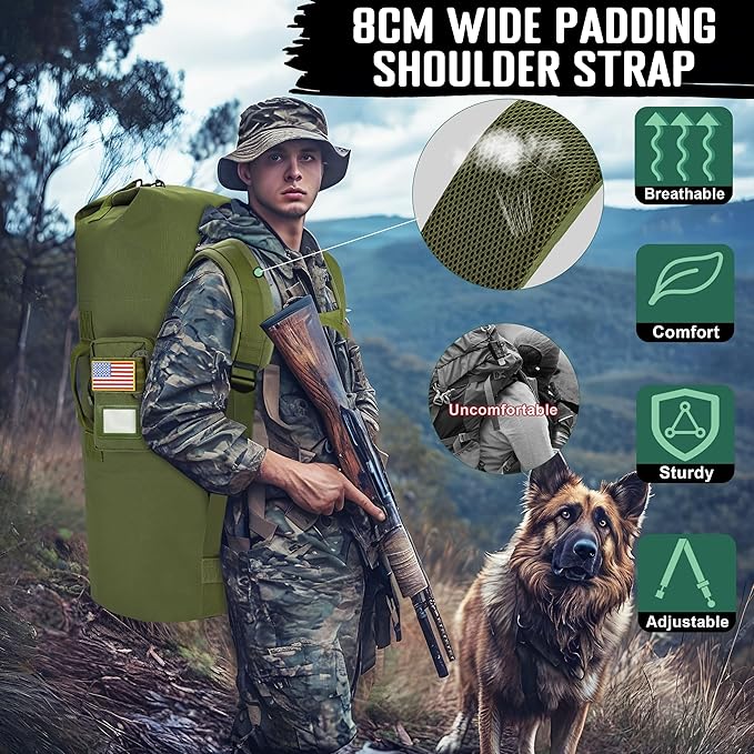 DEYACE Sea Bag, 110L Extra Large Military Duffle Bag with Name Tag Pocket Backpack Straps, Heavy Duty Army Duffle Bag for Camp or Laundry Bag