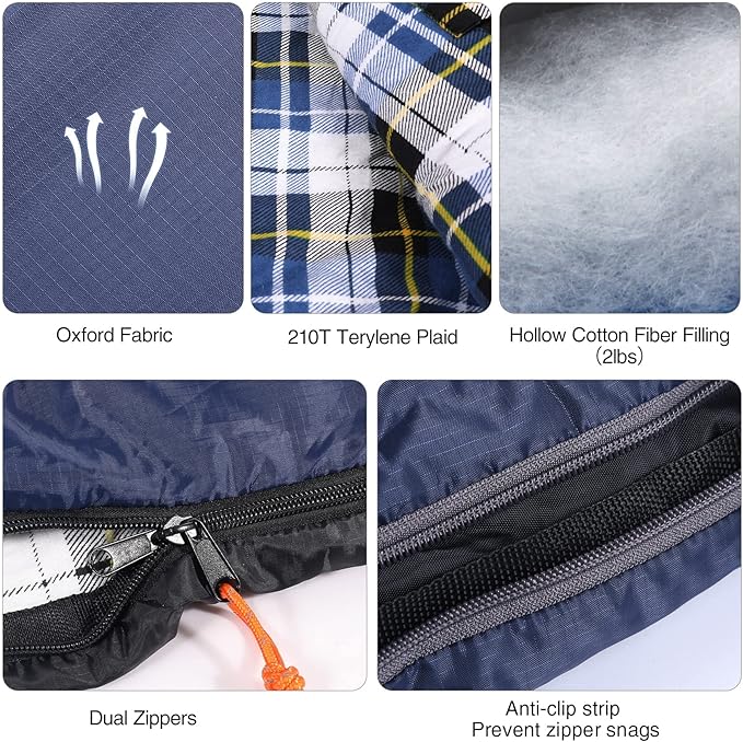 REDCAMP Flannel Sleeping Bag for Adults, Comfortable Cotton Envelope Sleeping Bags for Camping, Backpacking, Hiking, with Detachable Hood&Compression Sack, Blue/Red/Grey/Black