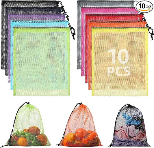 10Pcs Multicolor Mesh Drawstring Bags: Nylon Mesh Laundry Gym Travel Beach Bags with Locking Closure