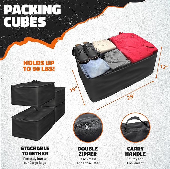 Mockins 29"x19"12" Cargo Carrier Packing Cubes 4 Pack | Each Trailer Hitch Storage Cube Holds Up to 90 Lbs. | Truck Bag Pre-Packing Set | Great for Waterproof Cargo Bag for Hitch Carrier Organization