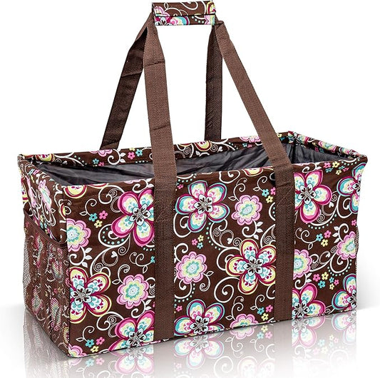 Extra Large Utility Tote Bag - Oversized Collapsible Reusable Wire Frame Rectangular Canvas Basket With Two Exterior Pockets For Beach, Pool, Laundry, Car Trunk, Storage - Brown Daisy