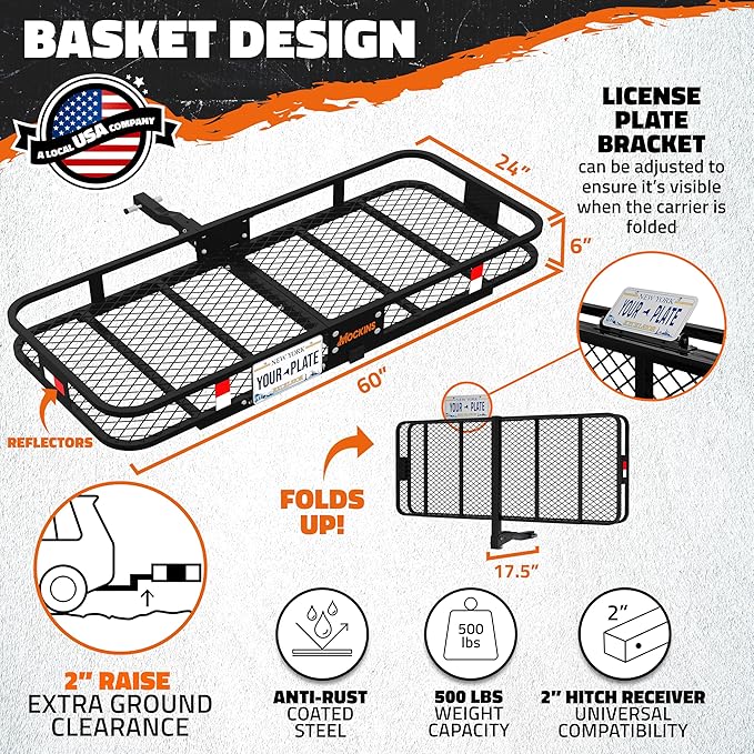 Mockins 60"x24"x6" Heavy Duty Trailer Hitch Cargo Carrier with 30 Cu Ft Waterproof Cargo Bag for Hitch Carrier & 6 Packing Cubes | 500 Lbs. Capacity Folding Luggage Rack for SUV, Car, Truck, & RV