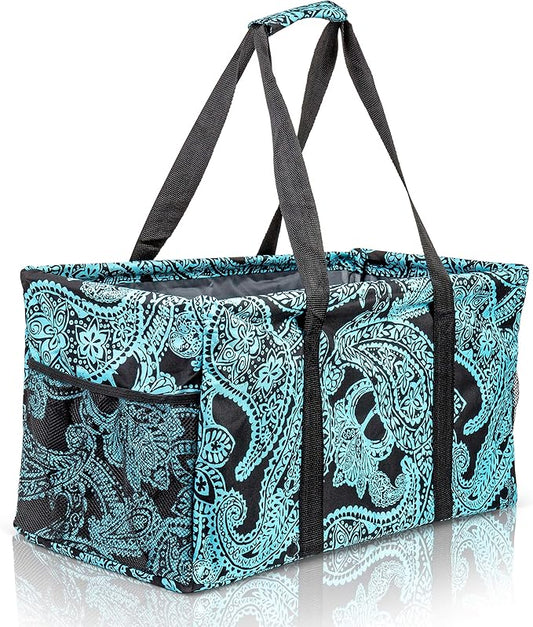 Extra Large Utility Tote Bag - Oversized Collapsible Reusable Wire Frame Rectangular Canvas Basket With Two Exterior Pockets For Beach, Pool, Laundry, Car Trunk, Storage - Paisley Blue