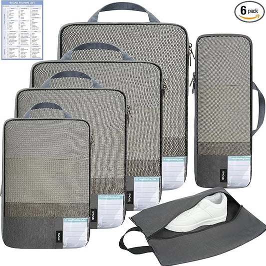 BAGAIL 6 Set Lightweight Compression Packing Cubes with Packing List, Anti-Tearing Expandable Organizer Bags for Travel, Dark Grey