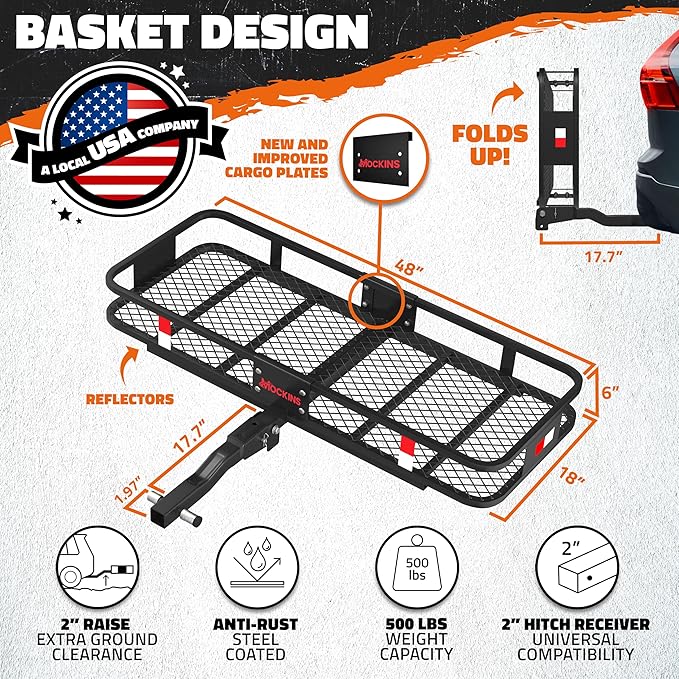 Mockins 48"x18"x6" Folding Trailer Hitch Cargo Carrier & 15 Cu Ft Waterproof Cargo Bag with Packing Cube Set of 4 | Weatherproof 500 Lbs Cap Luggage Rack for SUV Truck Van Car Trailer with Accessories